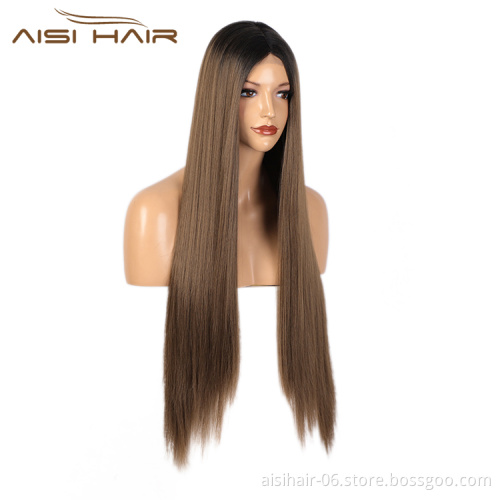 Aisi Hair 30 Inch Long Silky Straight Ombre Brown Dark Root Swiss Lace Wig Cheap Synthetic Hair Lace Front Wigs For Black Women